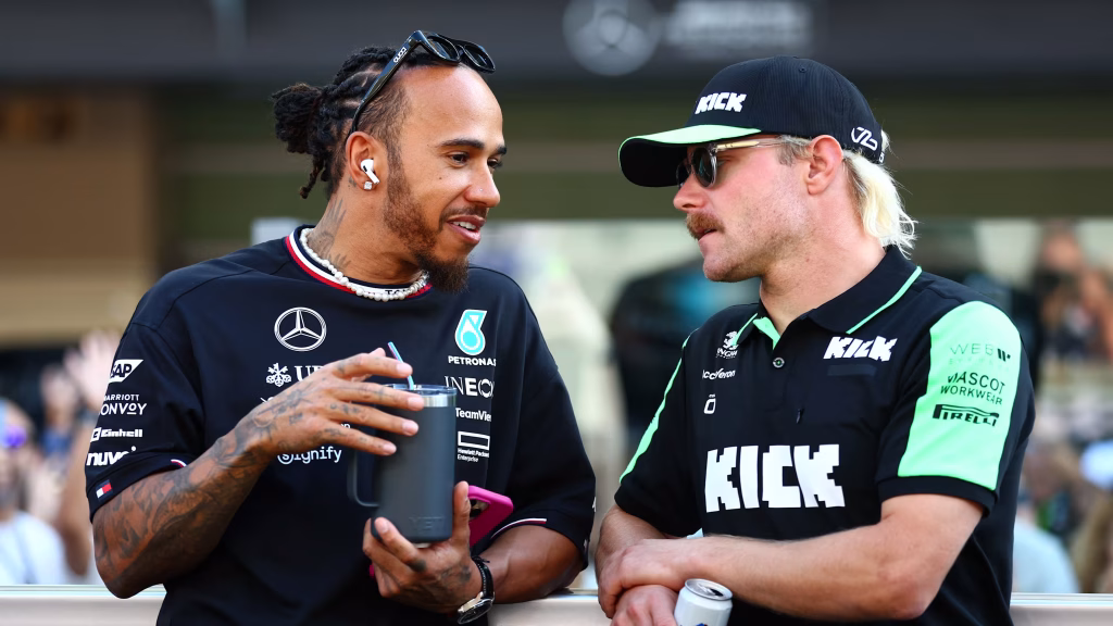 Lewis Hamilton and Valtteri Bottas with Cadillac’s 2026 Formula 1 car